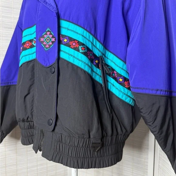 Tyrolia Skiwear Vintage Purple Black Aztec Ski Jacket Nylon Winter Coat Size 10 - Picture 3 of 11